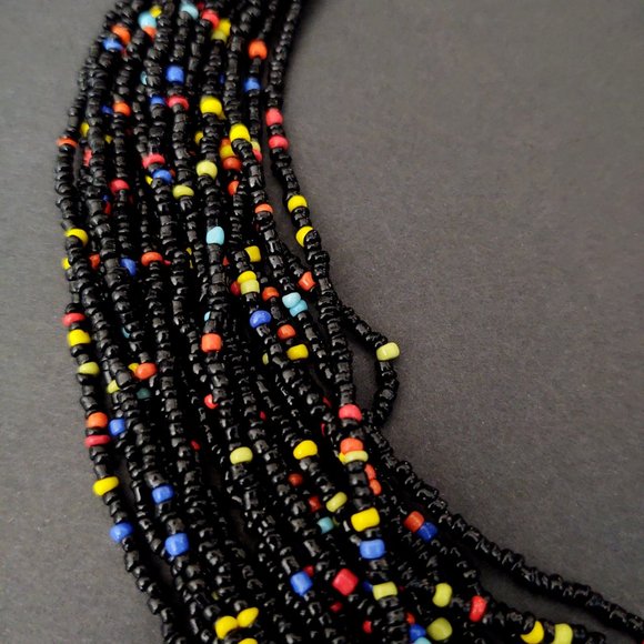 Multi strand black seed bead necklace with bright bead accents - Picture 6 of 13